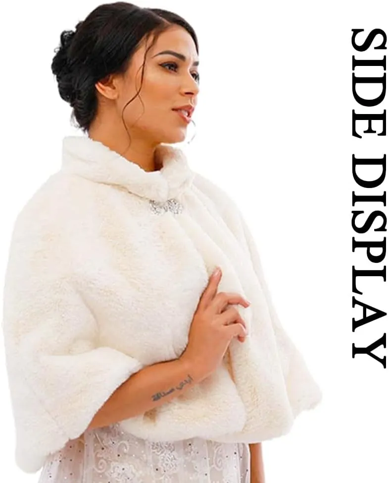 Womens Faux Fur Shawl and Wraps Bridal Wedding Fur Stole With Rhinestone Brooch for Bride and Bridesmaids