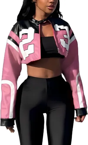 Women's Faux Leather Cropped Motorcycle Jacket Y2K Letter Bomber Jacket Streetwear Style