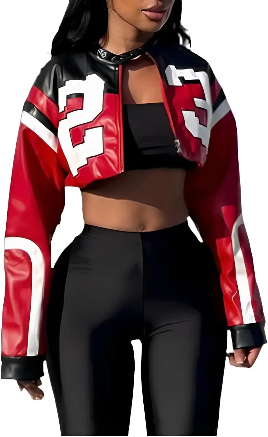 Women's Faux Leather Cropped Motorcycle Jacket Y2K Letter Bomber Jacket Streetwear Style