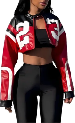 Women's Faux Leather Cropped Motorcycle Jacket Y2K Letter Bomber Jacket Streetwear Style