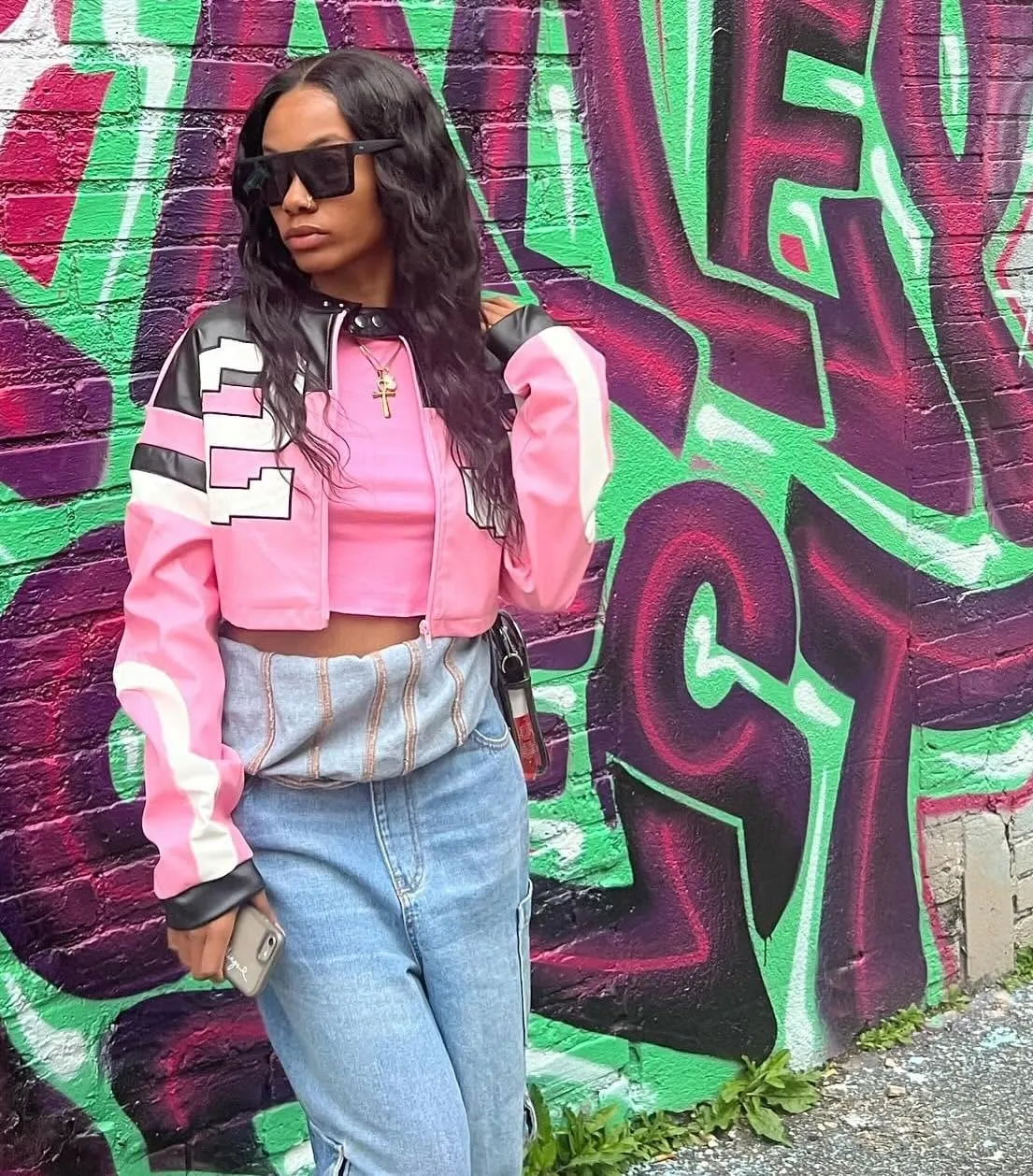 Women's Faux Leather Cropped Motorcycle Jacket Y2K Letter Bomber Jacket Streetwear Style