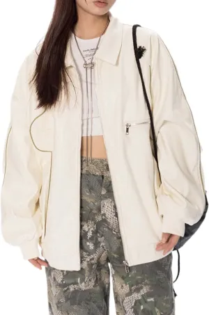 Women's Faux Leather Jacket Oversized Boyfriend Style PU Bomber Jacket Vintage Streetwear Trendy Motor Biker Coat