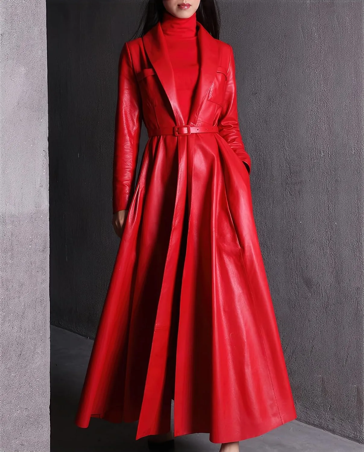 Womens Faux Leather Shawl Lapel Collar Elegant Classic Belted Long Trench Coat