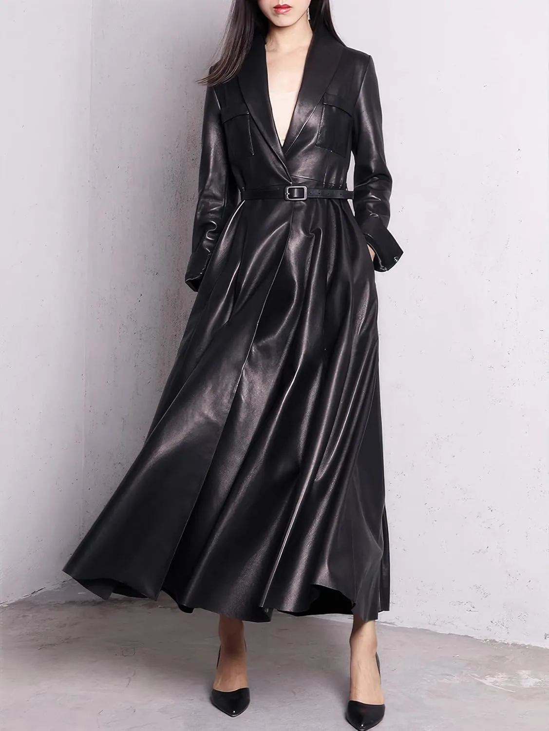 Womens Faux Leather Shawl Lapel Collar Elegant Classic Belted Long Trench Coat