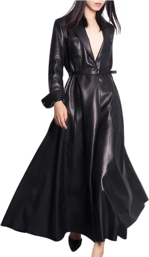 Womens Faux Leather Shawl Lapel Collar Elegant Classic Belted Long Trench Coat