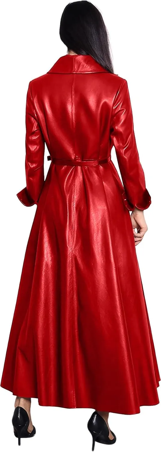 Womens Faux Leather Shawl Lapel Collar Elegant Classic Belted Long Trench Coat