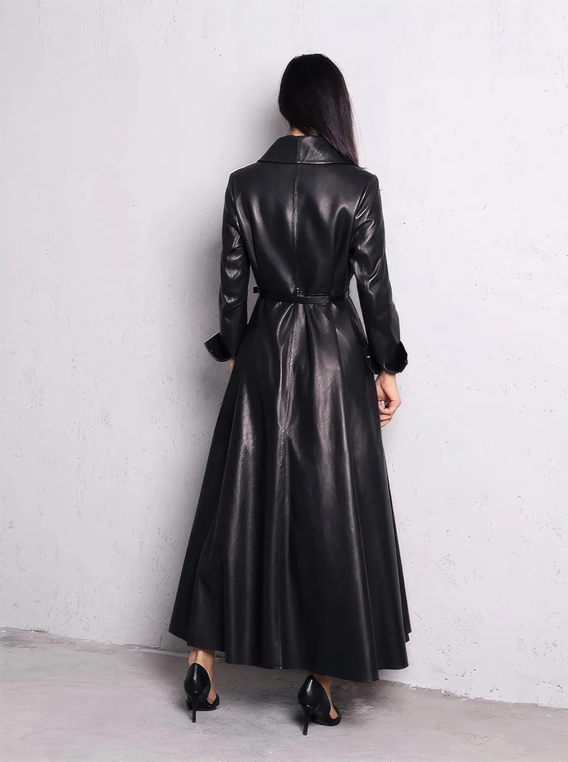 Womens Faux Leather Shawl Lapel Collar Elegant Classic Belted Long Trench Coat