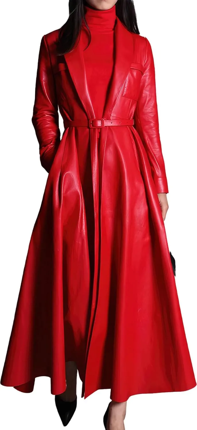 Womens Faux Leather Shawl Lapel Collar Elegant Classic Belted Long Trench Coat