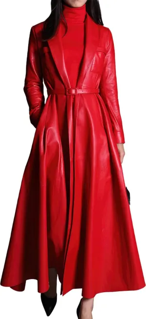 Womens Faux Leather Shawl Lapel Collar Elegant Classic Belted Long Trench Coat