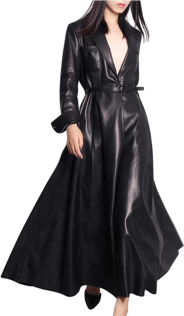 Womens Faux Leather Shawl Lapel Collar Elegant Classic Belted Long Trench Coat