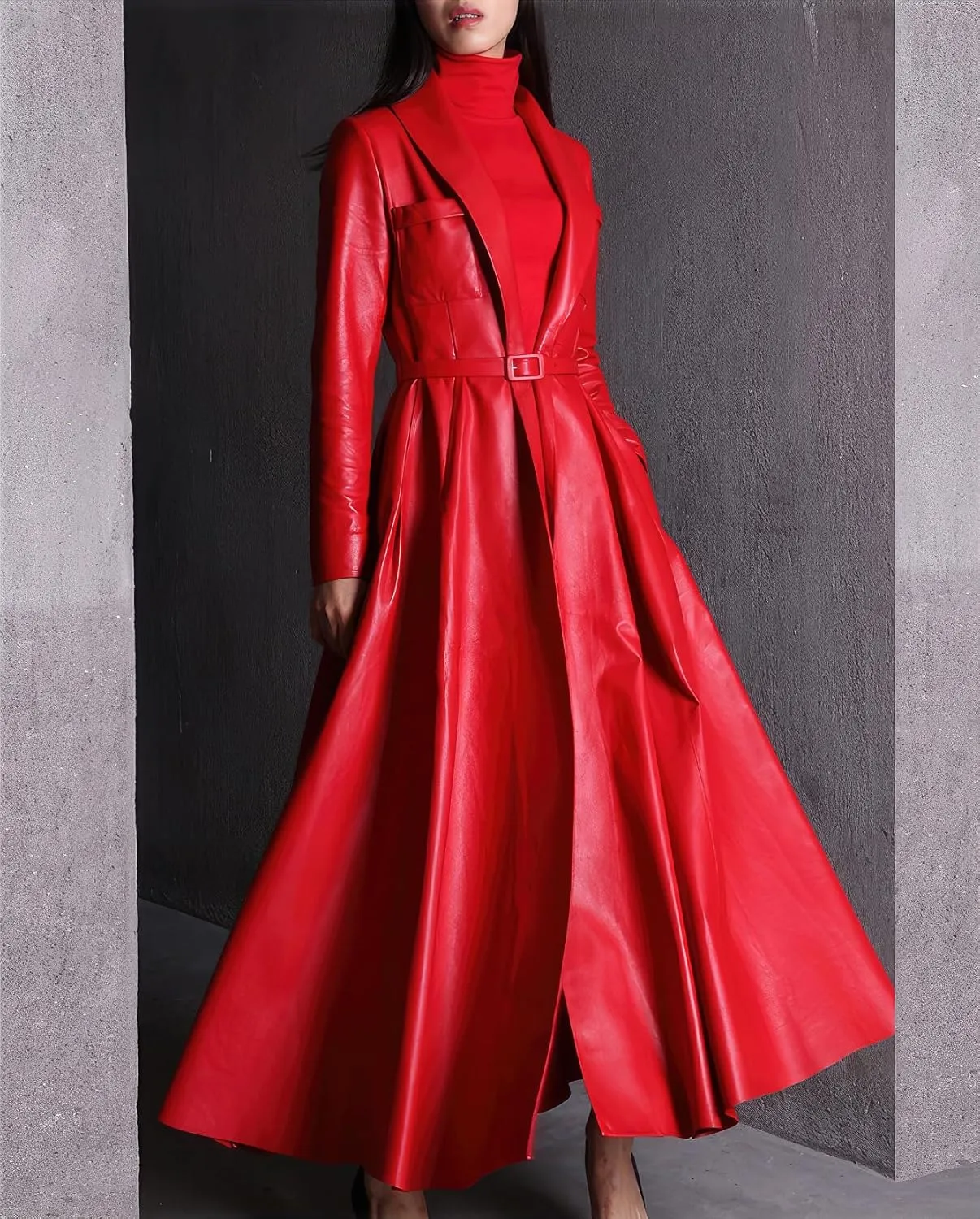Womens Faux Leather Shawl Lapel Collar Elegant Classic Belted Long Trench Coat