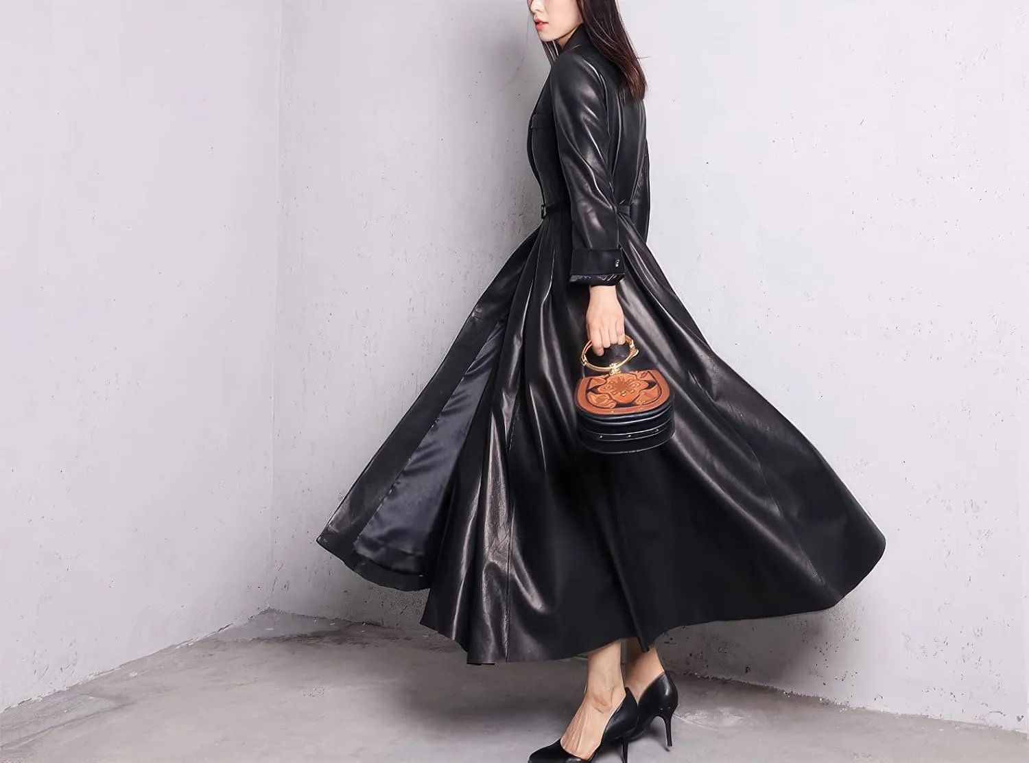 Womens Faux Leather Shawl Lapel Collar Elegant Classic Belted Long Trench Coat