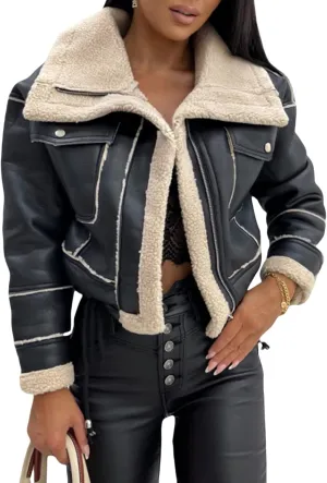 Women's Faux Shearing Jacket Long Sleeve Thick Lined Parka Zipper Leather Warm Winter Teddy Short Fur Coat Outwear