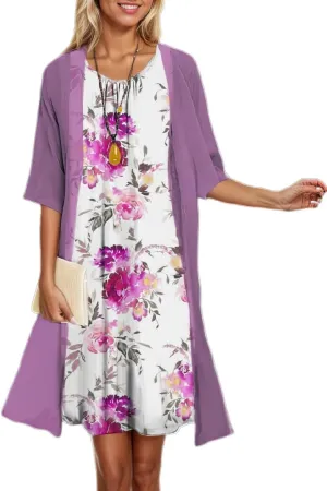 Womens Flowy Boho Floral Elegant Midi Dresses with Jacket Wedding Guest Chiffon Cocktail Dress 2 Piece