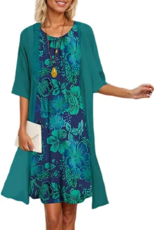 Womens Flowy Boho Floral Elegant Midi Dresses with Jacket Wedding Guest Chiffon Cocktail Dress 2 Piece