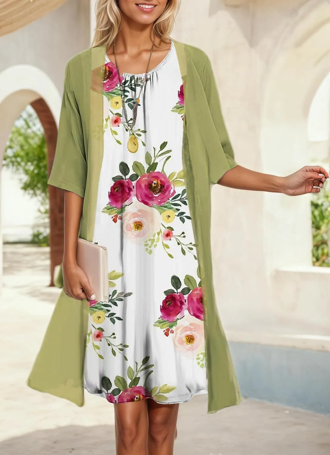 Womens Flowy Boho Floral Elegant Midi Dresses with Jacket Wedding Guest Chiffon Cocktail Dress 2 Piece
