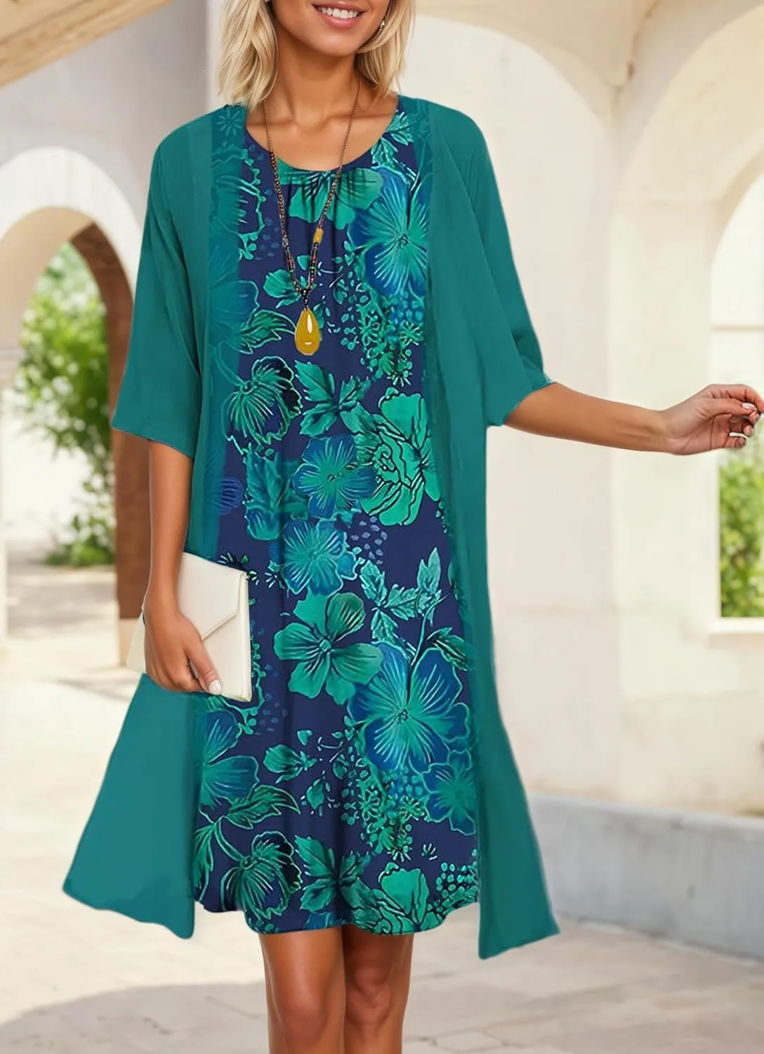 Womens Flowy Boho Floral Elegant Midi Dresses with Jacket Wedding Guest Chiffon Cocktail Dress 2 Piece