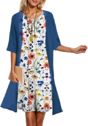 Womens Flowy Boho Floral Elegant Midi Dresses with Jacket Wedding Guest Chiffon Cocktail Dress 2 Piece
