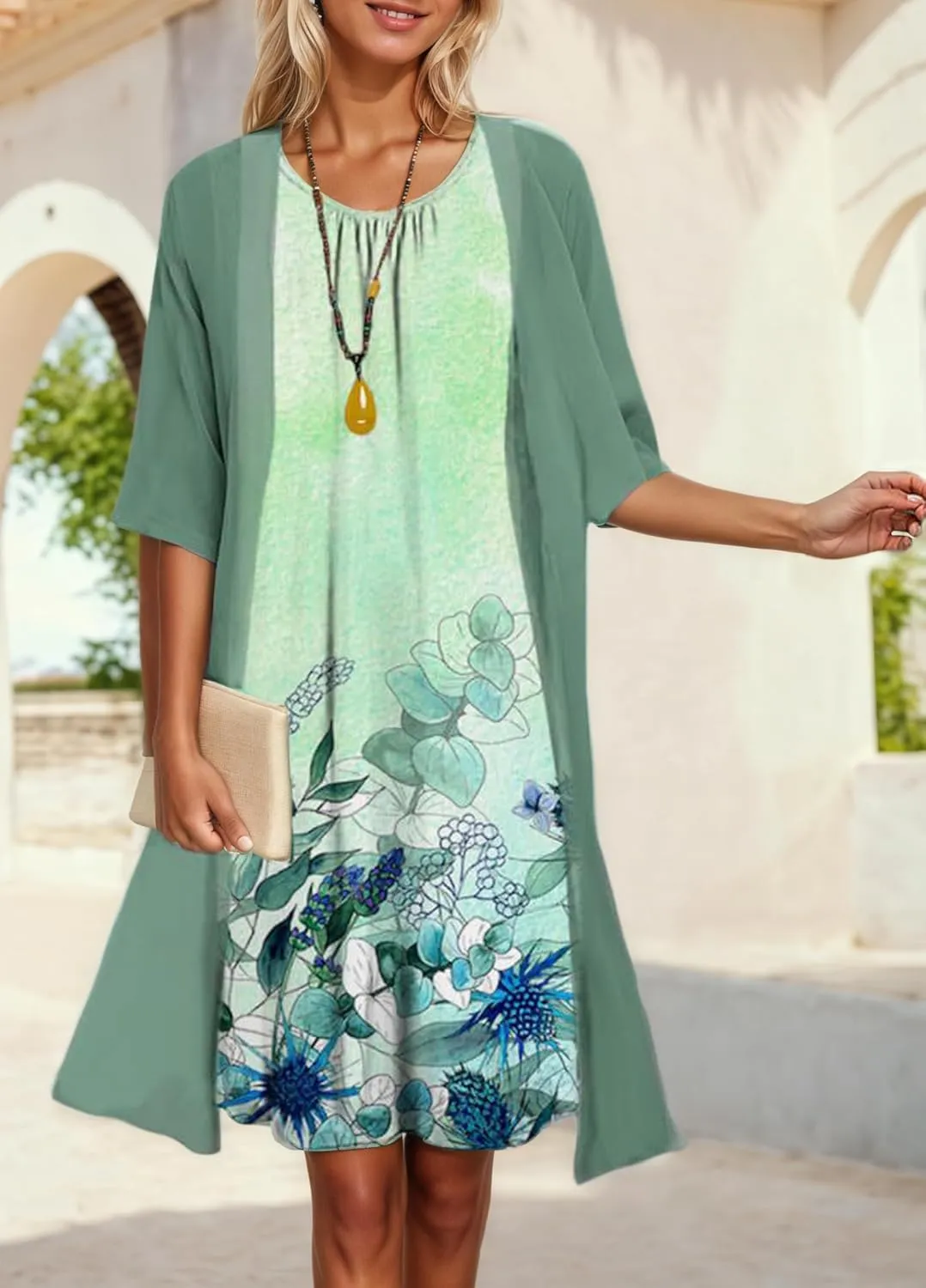 Womens Flowy Boho Floral Elegant Midi Dresses with Jacket Wedding Guest Chiffon Cocktail Dress 2 Piece