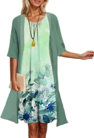 Womens Flowy Boho Floral Elegant Midi Dresses with Jacket Wedding Guest Chiffon Cocktail Dress 2 Piece
