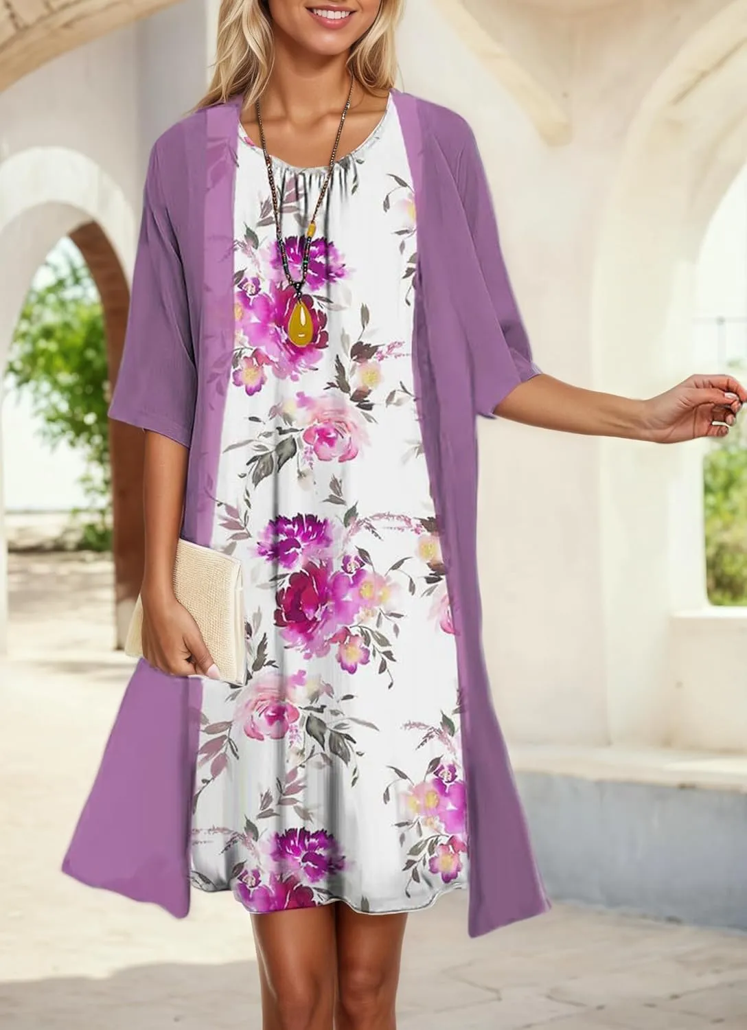 Womens Flowy Boho Floral Elegant Midi Dresses with Jacket Wedding Guest Chiffon Cocktail Dress 2 Piece