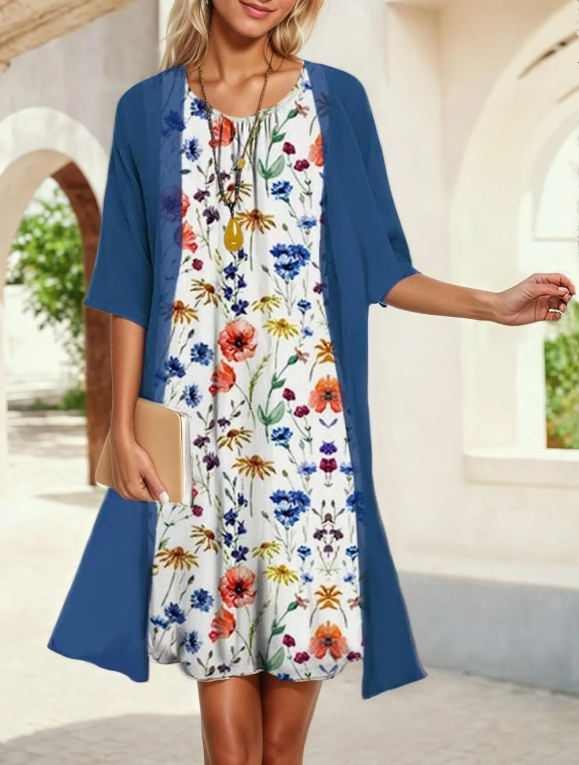 Womens Flowy Boho Floral Elegant Midi Dresses with Jacket Wedding Guest Chiffon Cocktail Dress 2 Piece