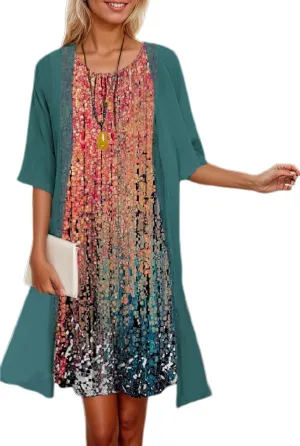 Womens Flowy Boho Floral Elegant Midi Dresses with Jacket Wedding Guest Chiffon Cocktail Dress 2 Piece