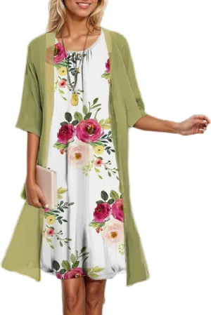 Womens Flowy Boho Floral Elegant Midi Dresses with Jacket Wedding Guest Chiffon Cocktail Dress 2 Piece