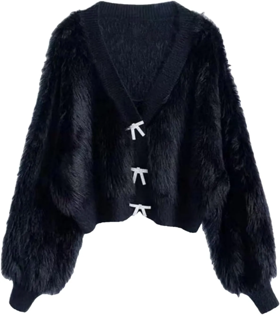 Women's Fuzzy Fluffy Cardigan Cute Bowknot Button Sweater Long Sleeve V Neck Knit Tops
