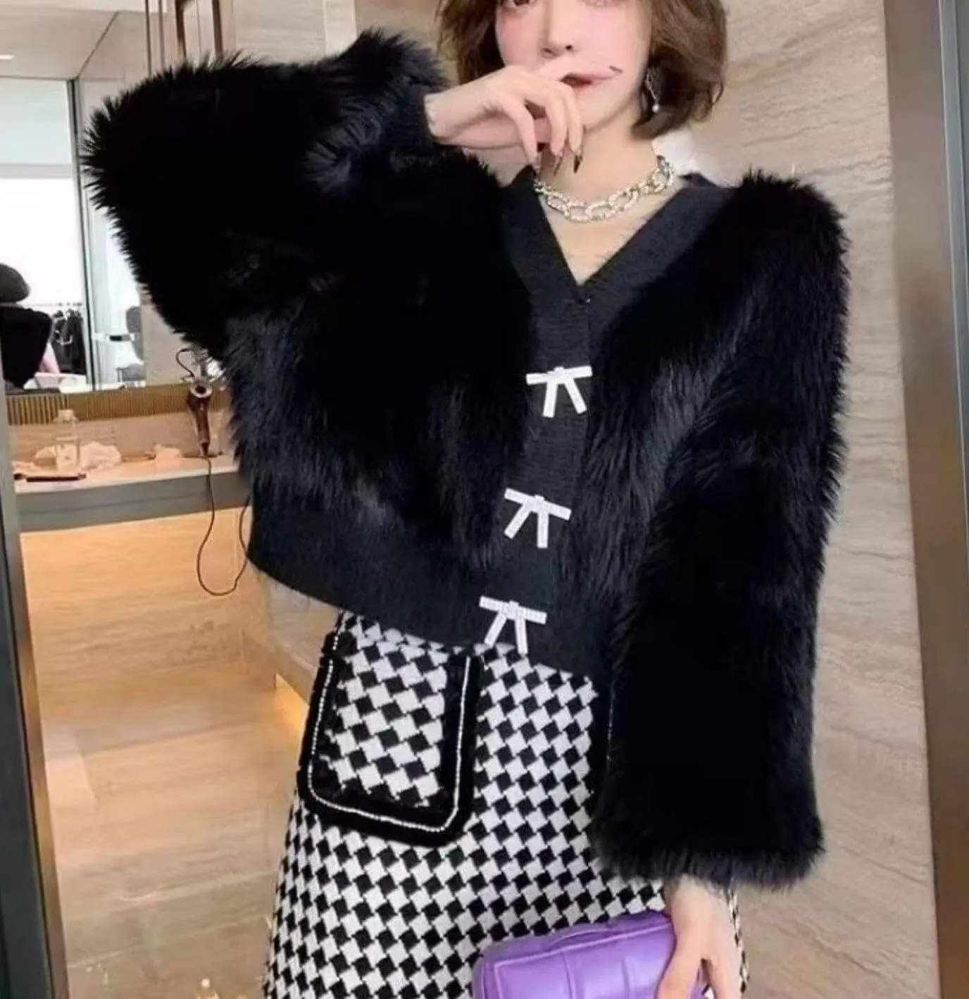 Women's Fuzzy Fluffy Cardigan Cute Bowknot Button Sweater Long Sleeve V Neck Knit Tops