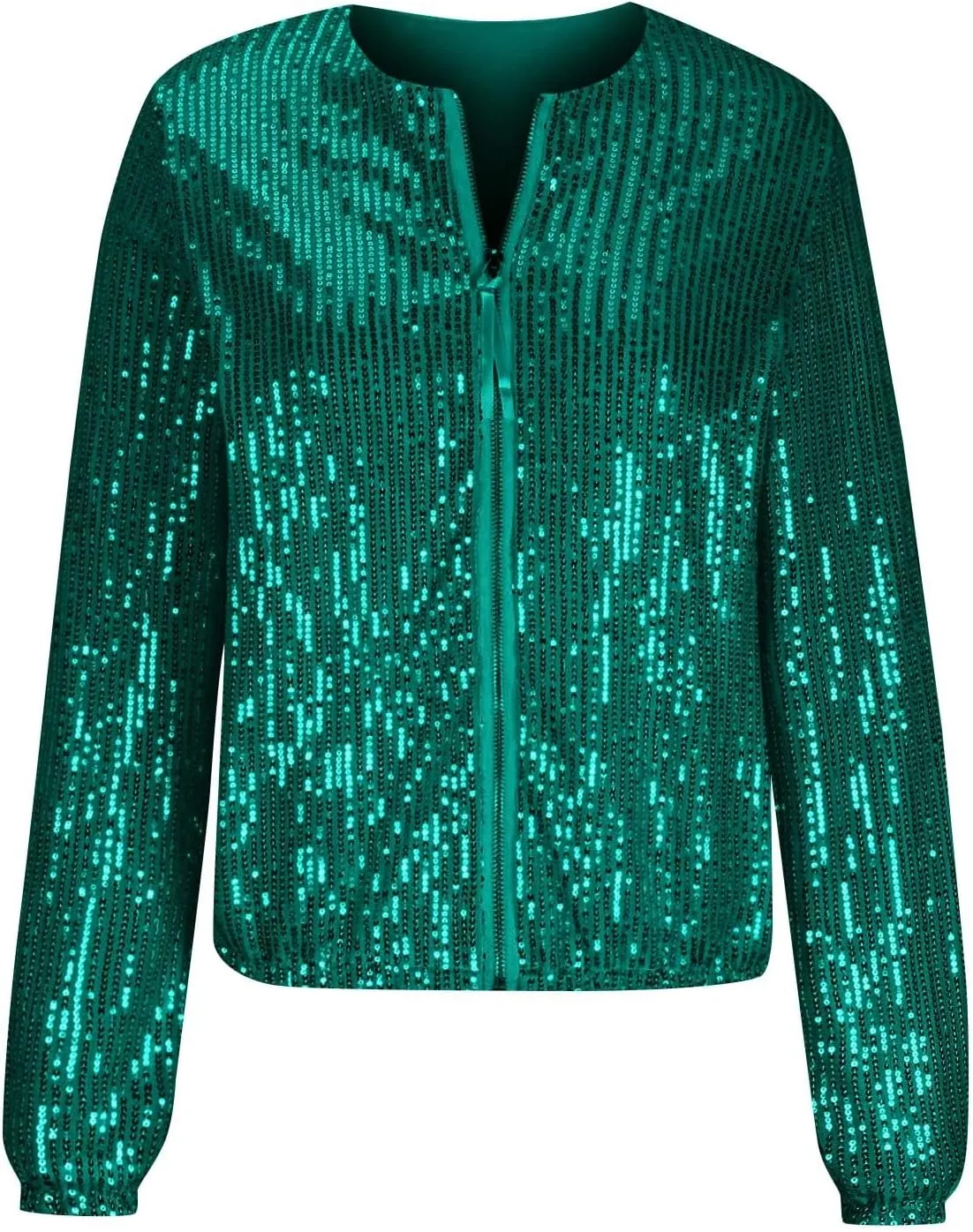 Womens Glitter Sequin Jacket Sparkly Long Sleeve Collarless Front Zip Casual Blazer Bomber Jackets Going Out Party Coat