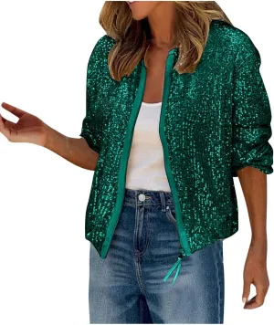 Womens Glitter Sequin Jacket Sparkly Long Sleeve Collarless Front Zip Casual Blazer Bomber Jackets Going Out Party Coat