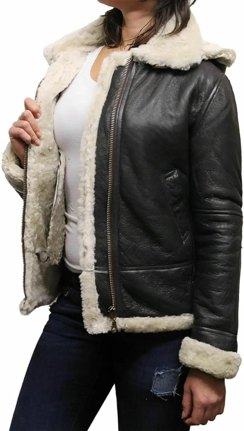 Women's Hooded Leather Jacket - Faux Fur Shearling Aviator Pilot Bomber Genuine Sheepskin Leather Jackets for Women