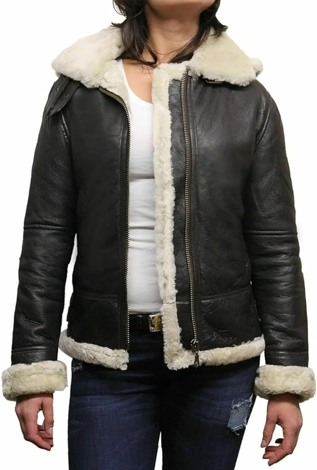 Women's Hooded Leather Jacket - Faux Fur Shearling Aviator Pilot Bomber Genuine Sheepskin Leather Jackets for Women