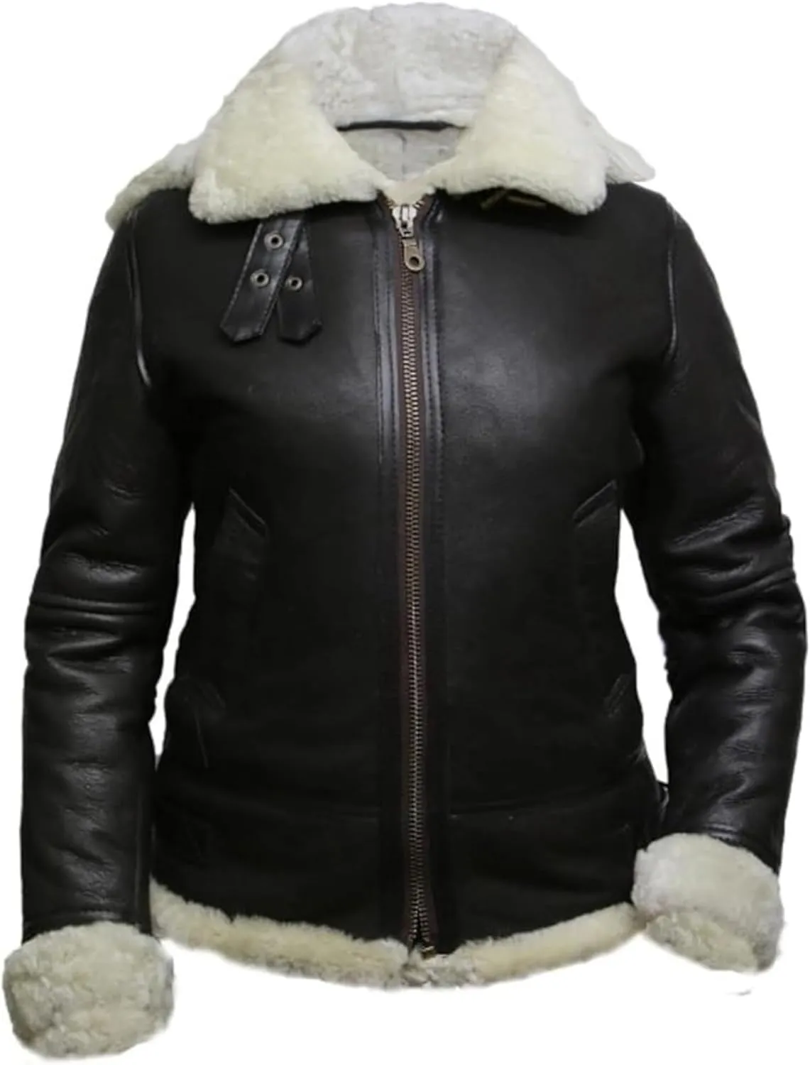 Women's Hooded Leather Jacket - Faux Fur Shearling Aviator Pilot Bomber Genuine Sheepskin Leather Jackets for Women