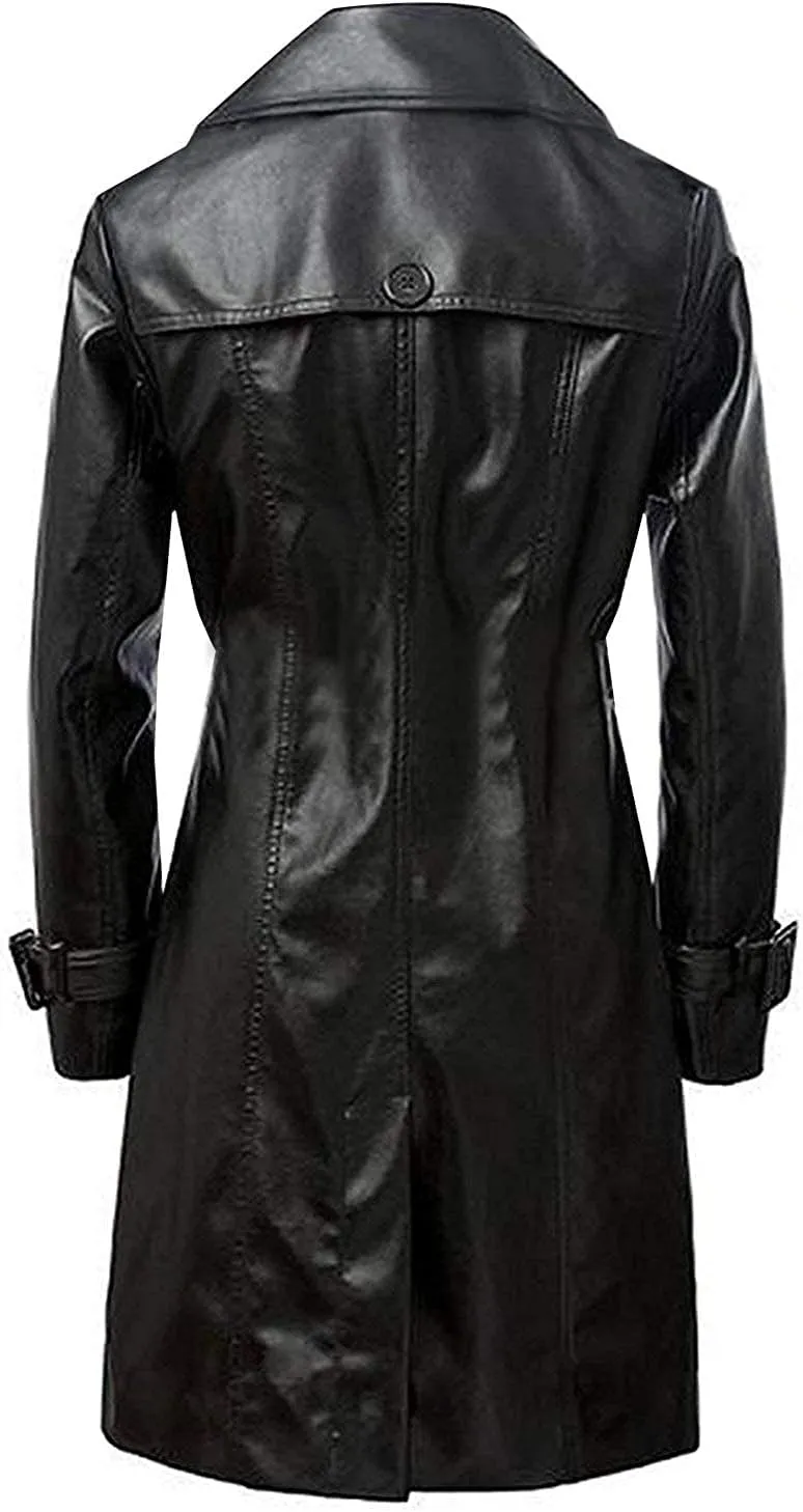 Women's Long Black Leather Trench Coat, Button-Front