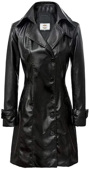 Women's Long Black Leather Trench Coat, Button-Front