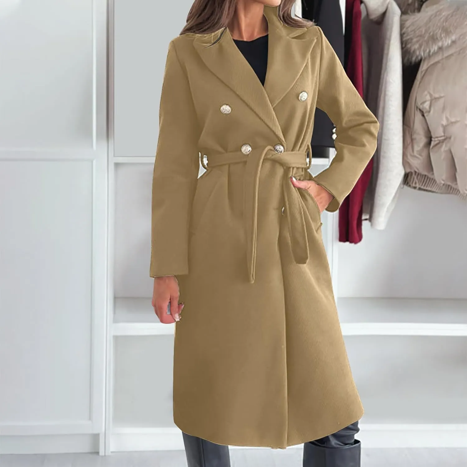 Womens Long Coat Double Breasted Trench Coat Classic Notch Lapel Slim Overcoat Business Casual Fall Winter Clothes
