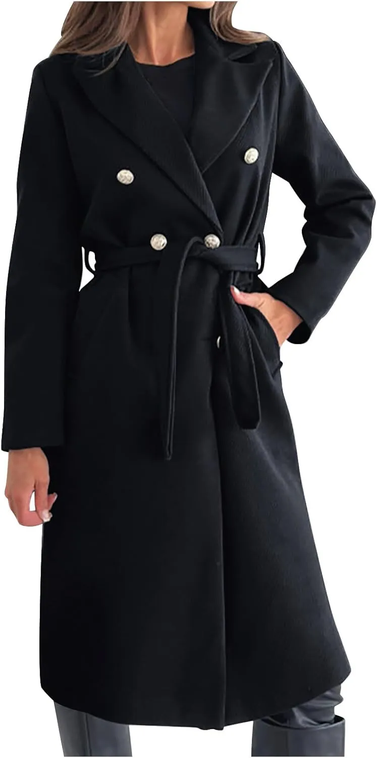Womens Long Coat Double Breasted Trench Coat Classic Notch Lapel Slim Overcoat Business Casual Fall Winter Clothes
