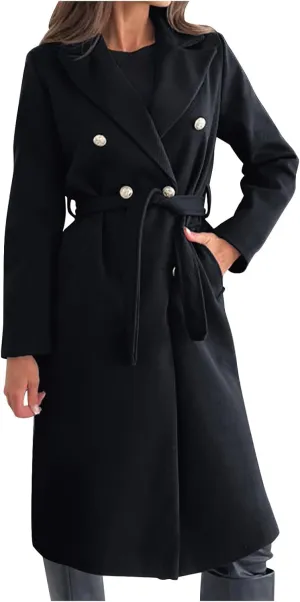Womens Long Coat Double Breasted Trench Coat Classic Notch Lapel Slim Overcoat Business Casual Fall Winter Clothes