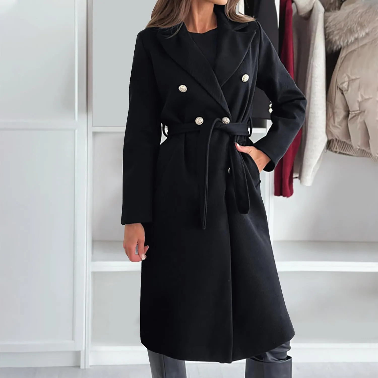 Womens Long Coat Double Breasted Trench Coat Classic Notch Lapel Slim Overcoat Business Casual Fall Winter Clothes