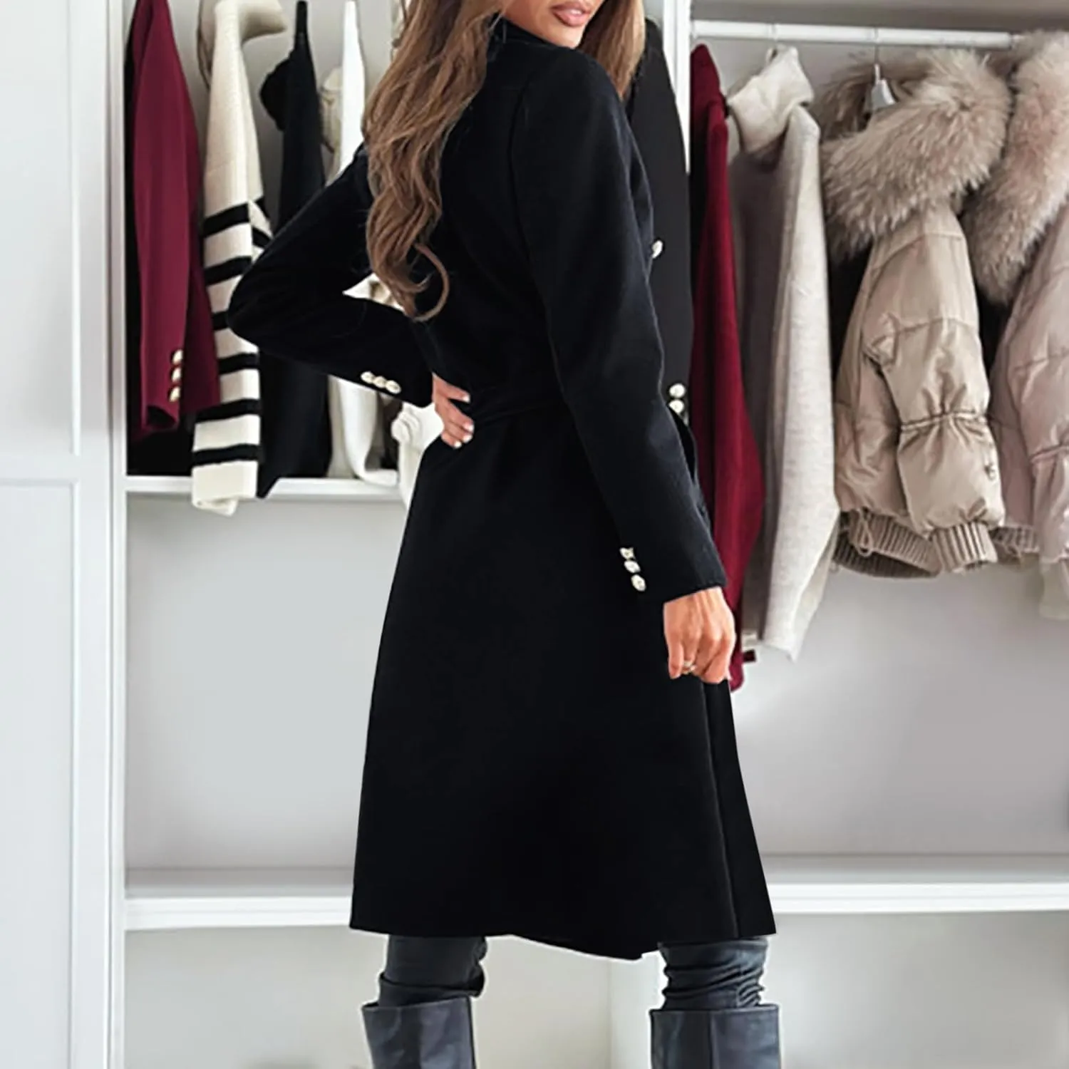 Womens Long Coat Double Breasted Trench Coat Classic Notch Lapel Slim Overcoat Business Casual Fall Winter Clothes