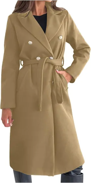 Womens Long Coat Double Breasted Trench Coat Classic Notch Lapel Slim Overcoat Business Casual Fall Winter Clothes