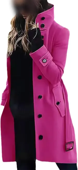 Women's Long Coat Notched Lapel Collar Double Breasted Pea Coat Winter Elegant Wool Blend Over Coats Jackets