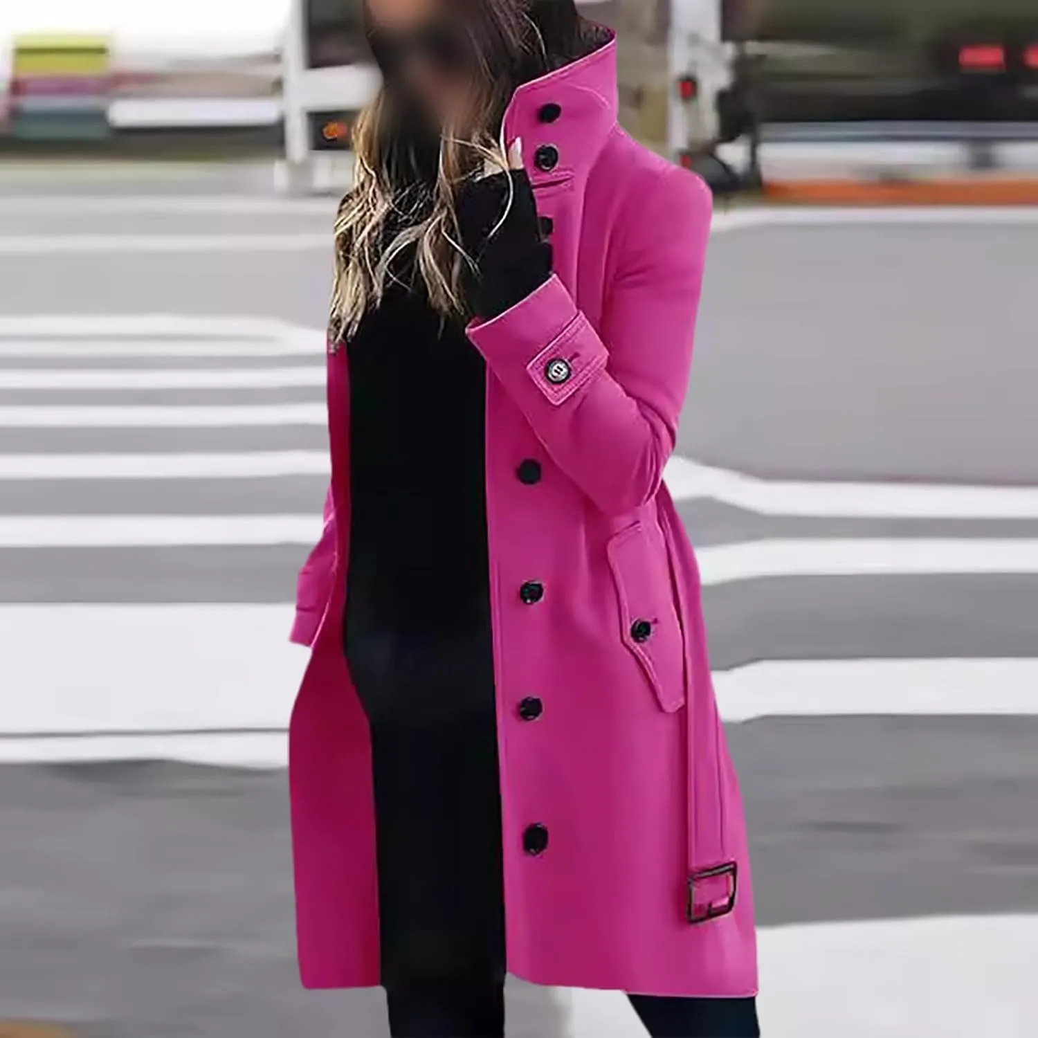 Women's Long Coat Notched Lapel Collar Double Breasted Pea Coat Winter Elegant Wool Blend Over Coats Jackets