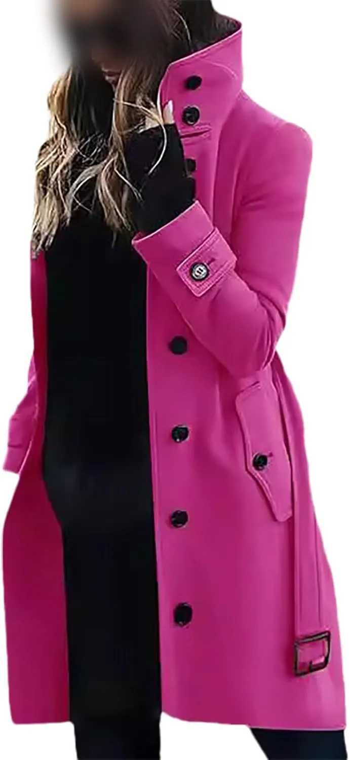 Women's Long Coat Notched Lapel Collar Double Breasted Pea Coat Winter Elegant Wool Blend Over Coats Jackets