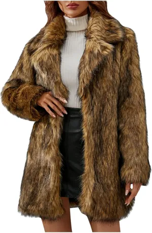 Women's Long Lapel Faux Fur Jacket Plush Shaggy Coat Elegant Warm Outerwear Cardigan Fall Winter Thicken Party Coats