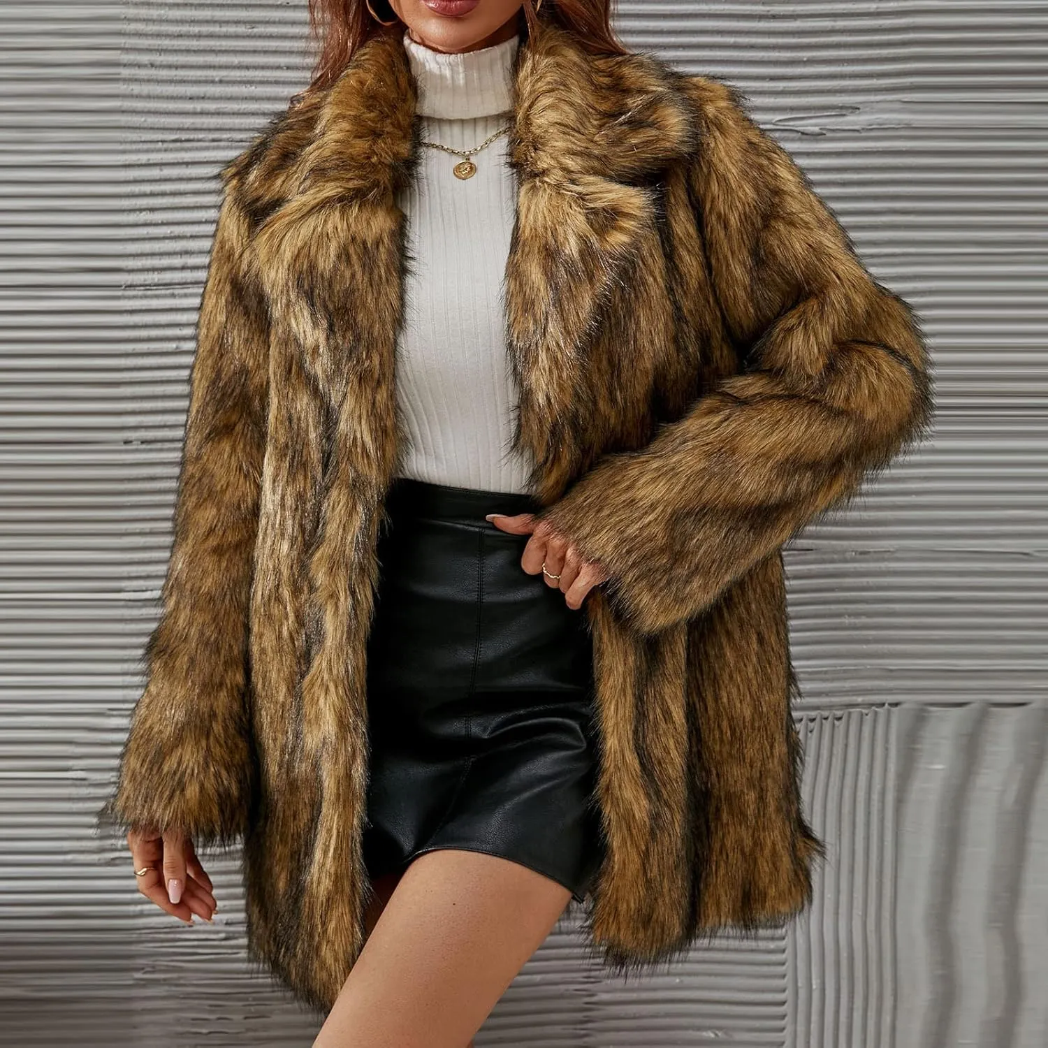 Women's Long Lapel Faux Fur Jacket Plush Shaggy Coat Elegant Warm Outerwear Cardigan Fall Winter Thicken Party Coats