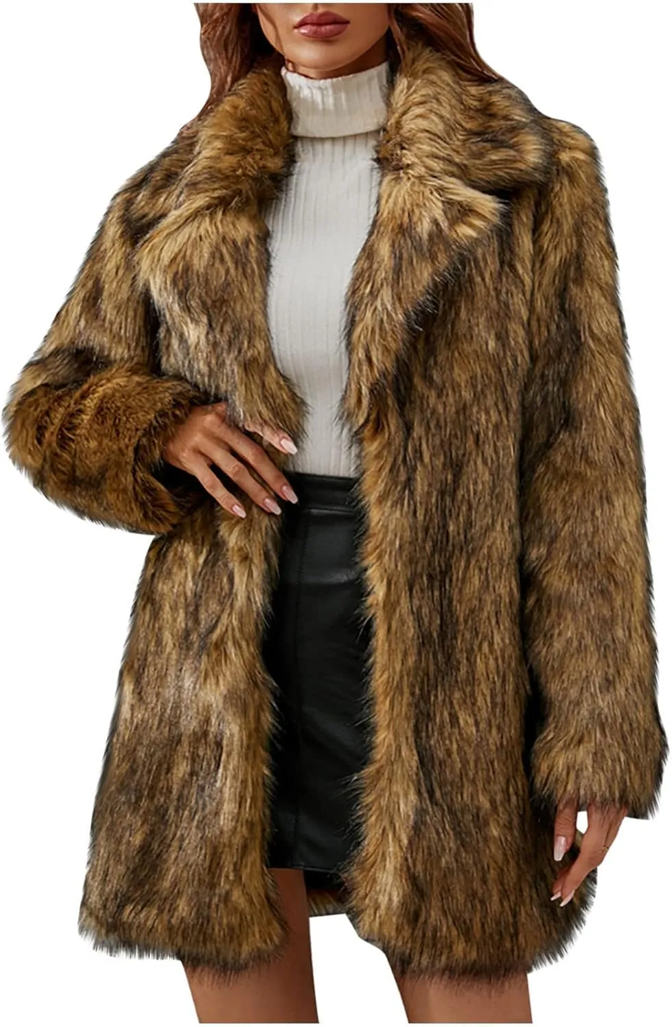 Women's Long Lapel Faux Fur Jacket Plush Shaggy Coat Elegant Warm Outerwear Cardigan Fall Winter Thicken Party Coats