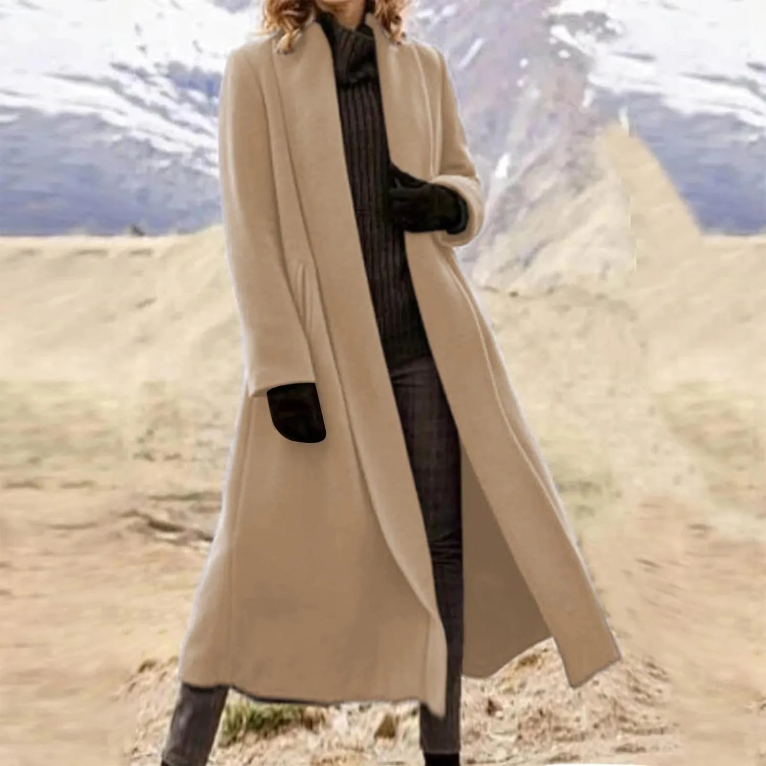 Womens Long Pea Coats Solid Color Winter Warm Trench Coat Bussiness Casual Jackets Outerwear Elegant Loose Coats
